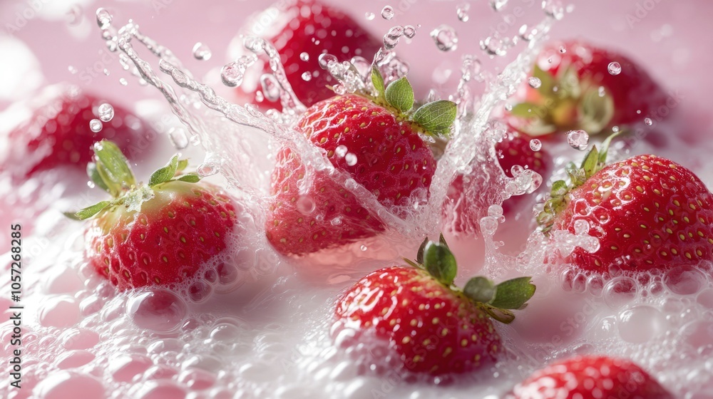 Strawberries Splashing in Milk with Foamy Bubbles Strawberries Splashing in Milk with Foamy Bubbles