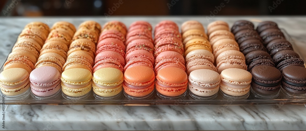 Vibrant macarons in assorted flavors, elegantly displayed on a marble surface, showcasing pastel hues and delightful textures. Vibrant macarons in assorted flavors, elegantly displayed on a marble surface, showcasing pastel hues and delightful textures.