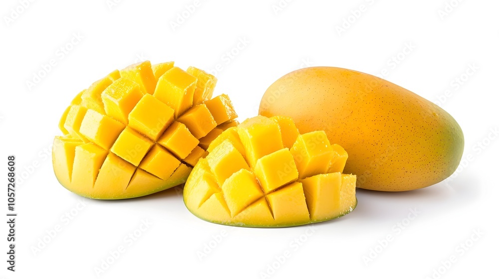 Closeup of ripe golden mango with natural juicy texture and smooth skin isolated on a plain white background Healthy tropical fruit perfect for recipes meals and snacks Closeup of ripe golden mango with natural juicy texture and smooth skin isolated on a plain white background Healthy tropical fruit perfect for recipes meals and snacks