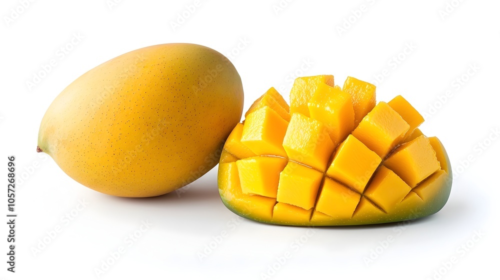 Closeup of a ripe juicy golden mango with a vibrant smooth skin isolated on a clean minimalist white background This tropical fruit is known for its sweet Closeup of a ripe juicy golden mango with a vibrant smooth skin isolated on a clean minimalist white background This tropical fruit is known for its sweet