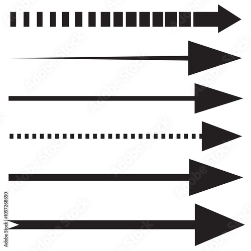 Straight long arrows pointing to the right. Set of black arrow pointing up. Isolated black thin, thick, and squiggle, dotted and dashed line arrows pointing to the right.  Arrows design element. 
