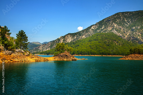 Fantastic Oymapinar Lake, Turkey. Landscape of a mountain lake. Emerald water reservoir behind the dam Oymapinar. Green Canyon in Manavgat region, Turkey.