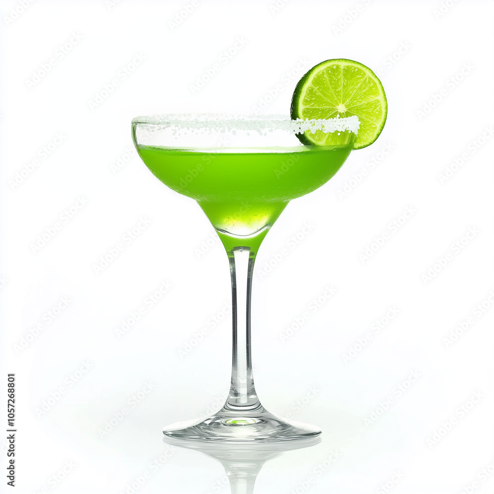 Margarita Glass with Salted Rim, Lime Slice Garnish, Bright Green Liquid with Frosty Texture Isolated on White Background Margarita Glass with Salted Rim, Lime Slice Garnish, Bright Green Liquid with Frosty Texture Isolated on White Background