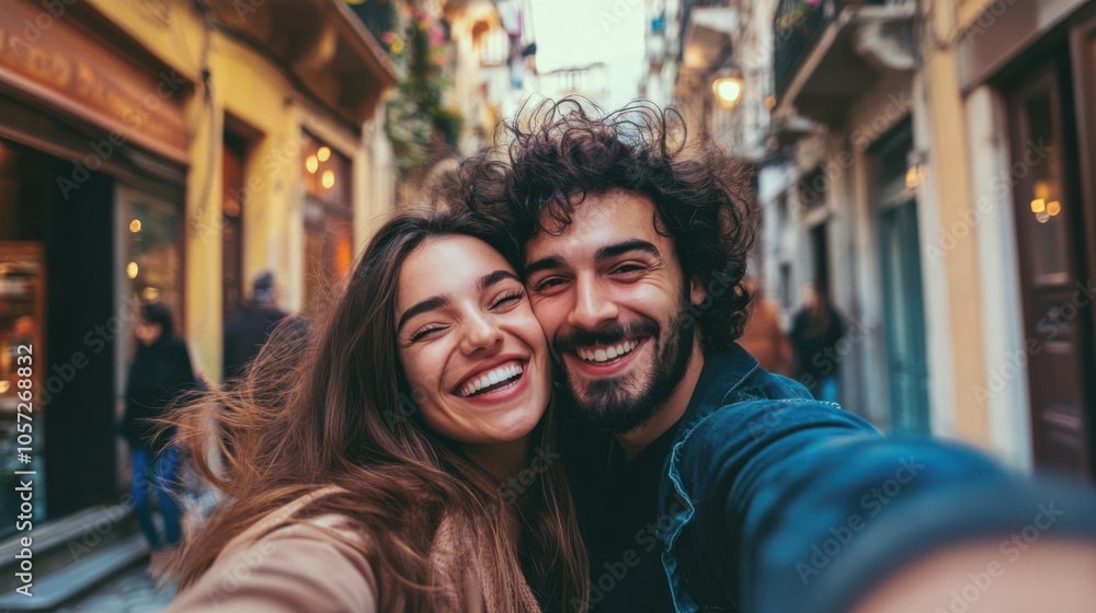 Couple enjoying a fun selfie while discovering hidden gems in the city Couple enjoying a fun selfie while discovering hidden gems in the city