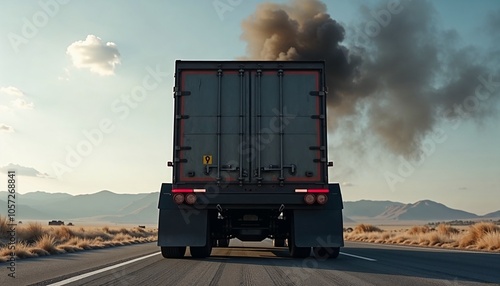 Truck Emitting Black Smoke on Road, Environmental Pollution Concept