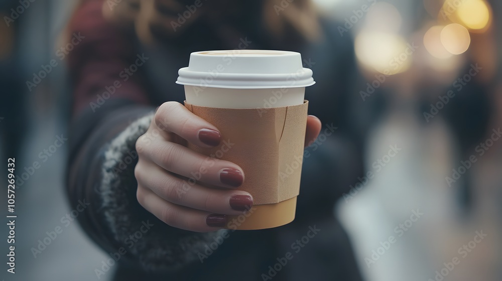 Close-up of a woman��s hand holding a coffee cup on a busy street. Close-up of a woman��s hand holding a coffee cup on a busy street.