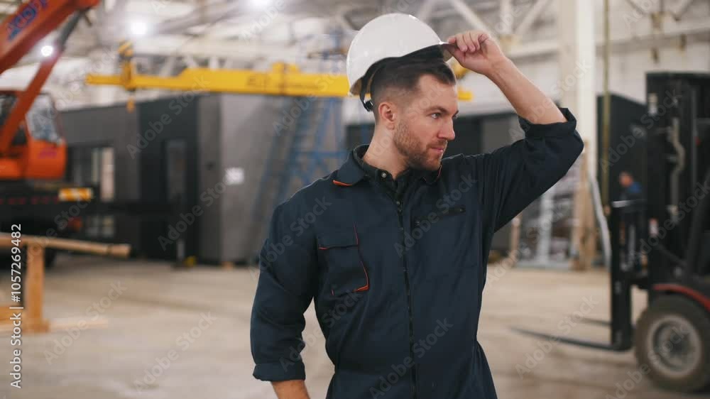 Controlling the process, hand gestures, communication. Male worker is in the modern warehouse or manufacturing company. Controlling the process, hand gestures, communication. Male worker is in the modern warehouse or manufacturing company.
