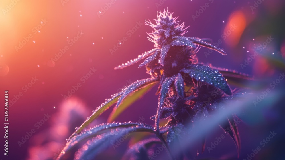 Detailed image of cannabis buds with sparkling dew and fine pollen, set against a smooth, color Detailed image of cannabis buds with sparkling dew and fine pollen, set against a smooth, color
