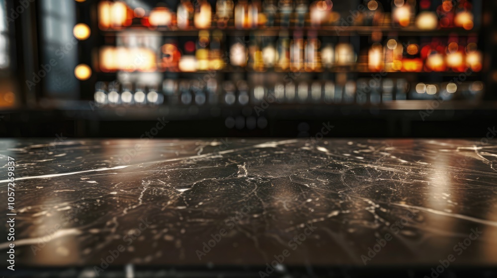 Mockup of product on black marble bar counter with blurred restaurant or bar background. Mockup of product on black marble bar counter with blurred restaurant or bar background.