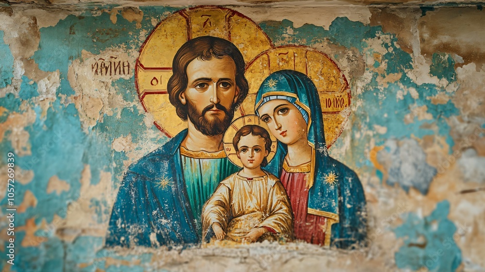 The image of the Holy Family, Jesus, Mary and Joseph in the form of an ancient fresco