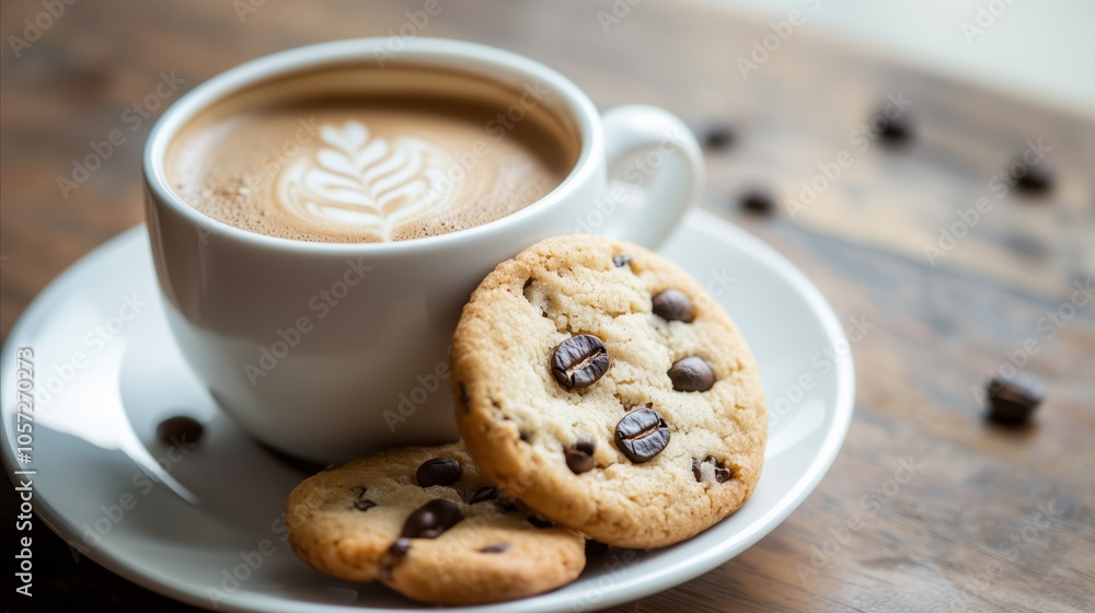 White coffee cup with a chocolate chip cookie on top of it White coffee cup with a chocolate chip cookie on top of it