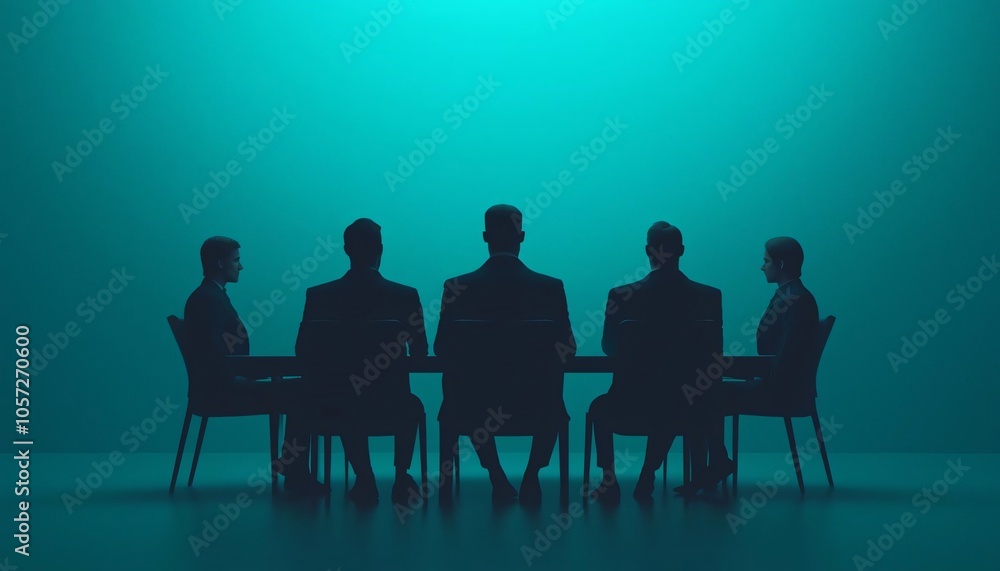 Silhouettes of business people gathered around a table, creating a mysterious and professional atmosphere in a dimly lit setting. Silhouettes of business people gathered around a table, creating a mysterious and professional atmosphere in a dimly lit setting.