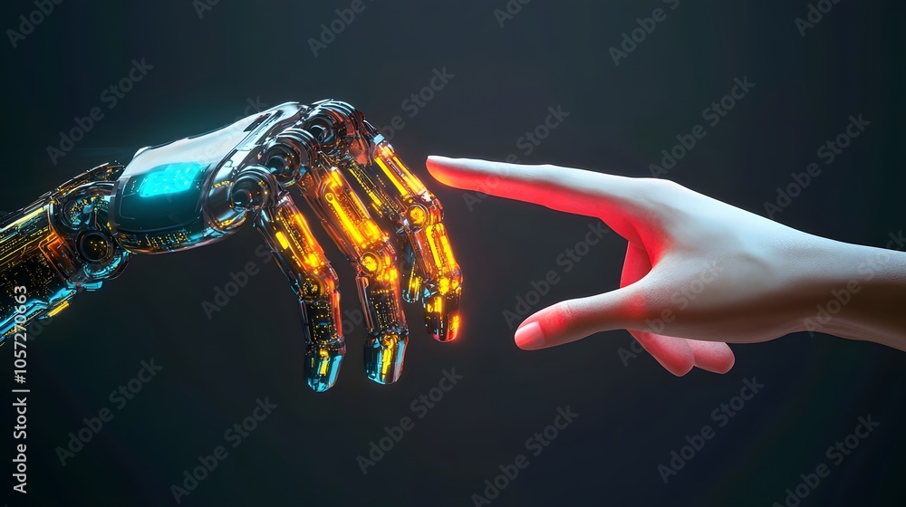 Obraz premium A human hand reaching out to a futuristic robotic hand, symbolizing connection.
