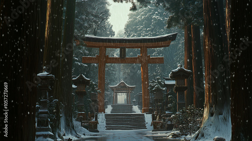 雪に包まれた神社と鳥居 photo