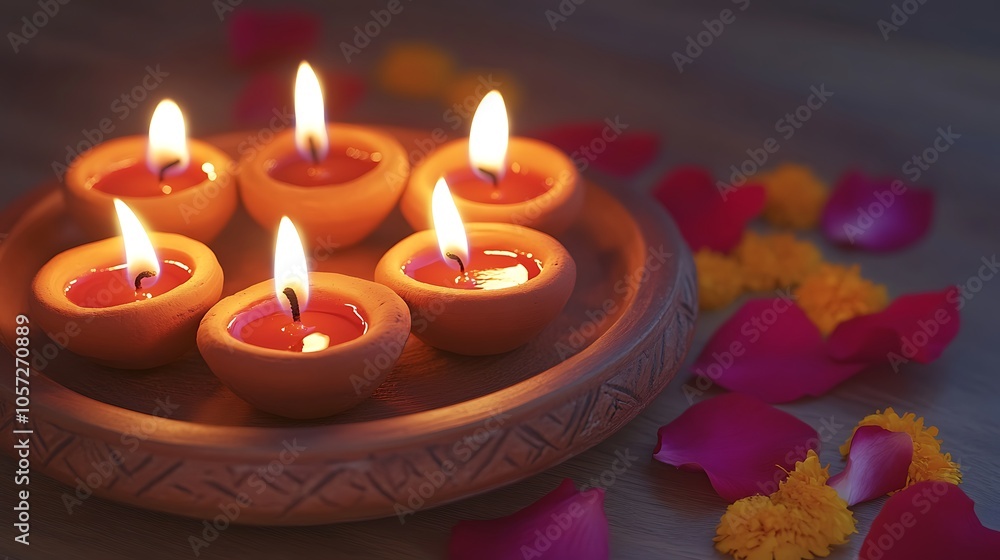A decorative plate with lit oil lamps and flower petals, symbolizing celebration and spirituality. A decorative plate with lit oil lamps and flower petals, symbolizing celebration and spirituality.