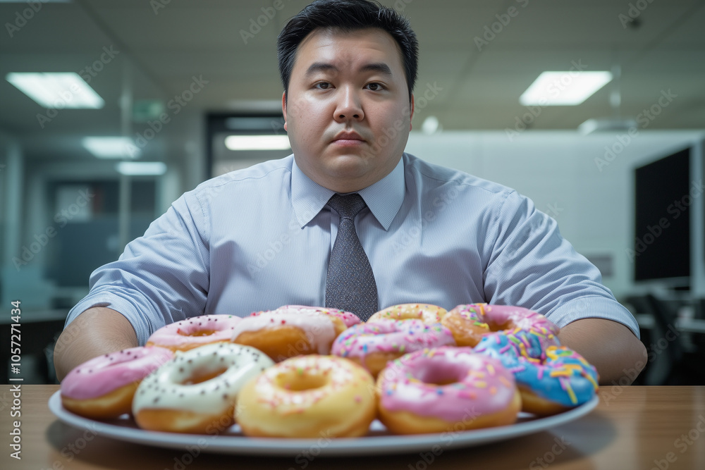 Asian man ready to eat a bunch of unhealthy donuts Asian man ready to eat a bunch of unhealthy donuts