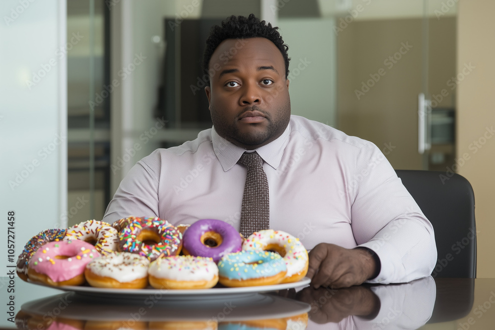 American office worker about to have a very unhealthy breakfast American office worker about to have a very unhealthy breakfast
