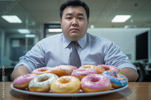 Asian man ready to eat a bunch of unhealthy donuts  photo