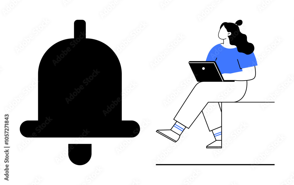 Notification bell icon beside a person sitting with a laptop. Ideal for digital communication, online notifications, productivity, remote work, digital prompts, message alerts, user interface Notification bell icon beside a person sitting with a laptop. Ideal for digital communication, online notifications, productivity, remote work, digital prompts, message alerts, user interface