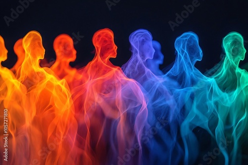 Vibrant silhouettes of human figures in various colors, illustrating movement, energy, and creativity against a dark background.