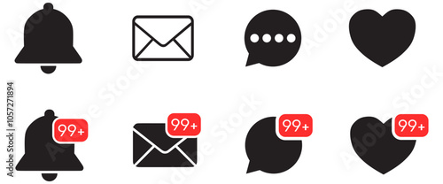 Notification bell icon set. New email message notification icon or alarm alert reminder icon sign. Love like with Notifications and chat message speech bubble icon - Web icons collection set