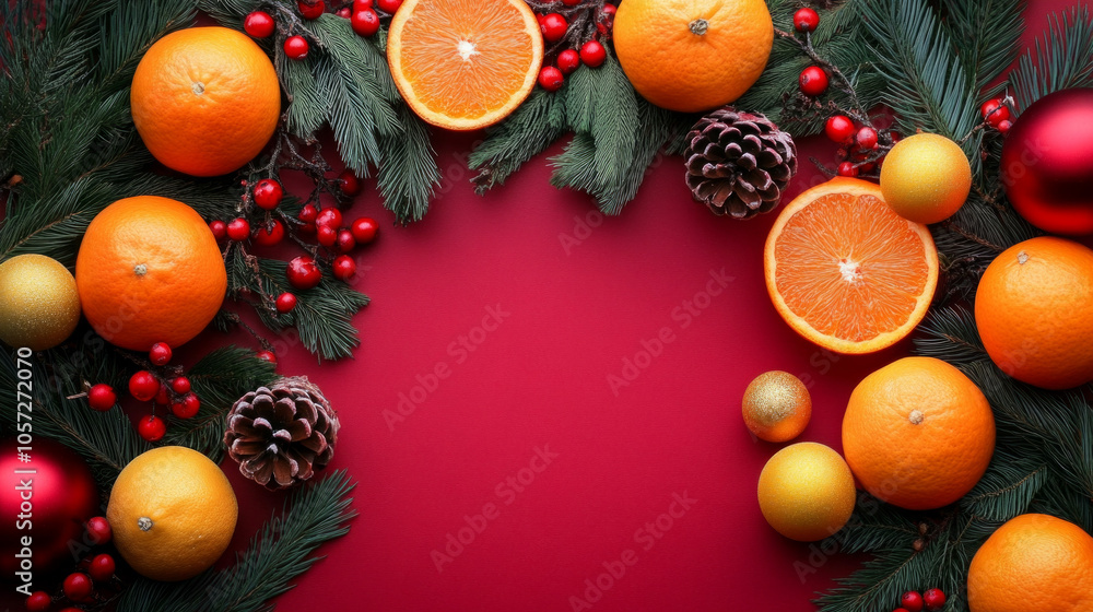 A vibrant festive arrangement of oranges, pine cones, and ornaments during the holiday season on a red background A vibrant festive arrangement of oranges, pine cones, and ornaments during the holiday season on a red background