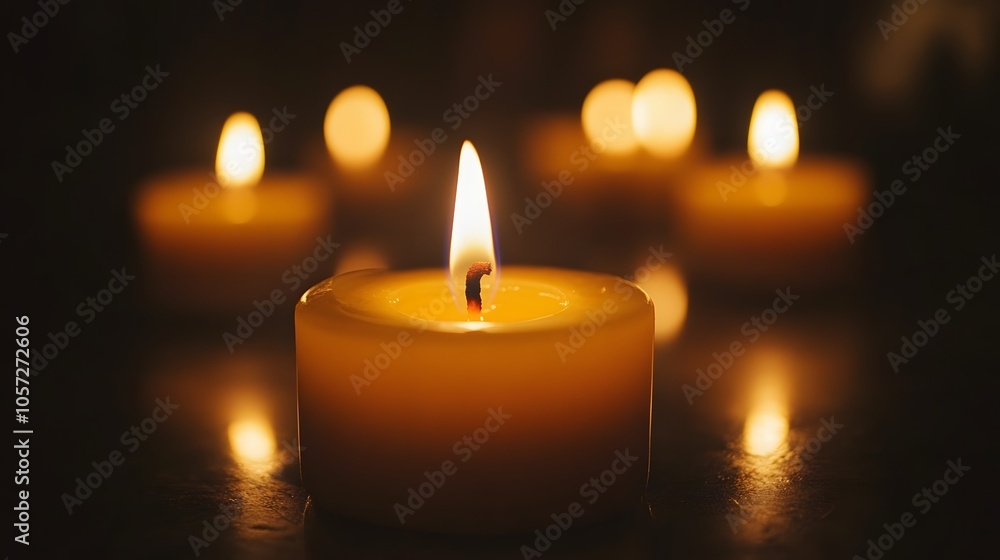 A glowing candle illuminates the dark with a warm, serene ambiance. A glowing candle illuminates the dark with a warm, serene ambiance.