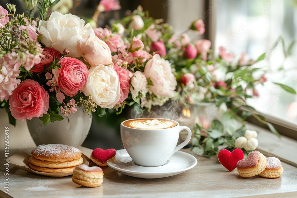 mothers day coffee nook, a cozy coffee corner decorated for mothers day with flowers, heart-shaped pastries, and a steaming cup of coffee