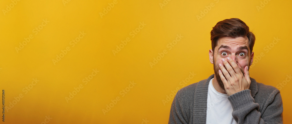 Fototapeta premium Shocked man with wide eyes covering mouth against bright yellow background with copy space
