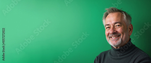 Mature Man Smiling Confidently Against Green Background with Copy Space