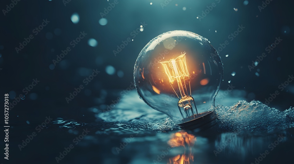A glowing light bulb emerging from water, creating an enchanting, serene atmosphere. A glowing light bulb emerging from water, creating an enchanting, serene atmosphere.