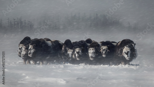 Musk oxen standing in the snow during a blizzard in winter. Group of musk oxen (Ovibos moschatus) standing side by side in snow
