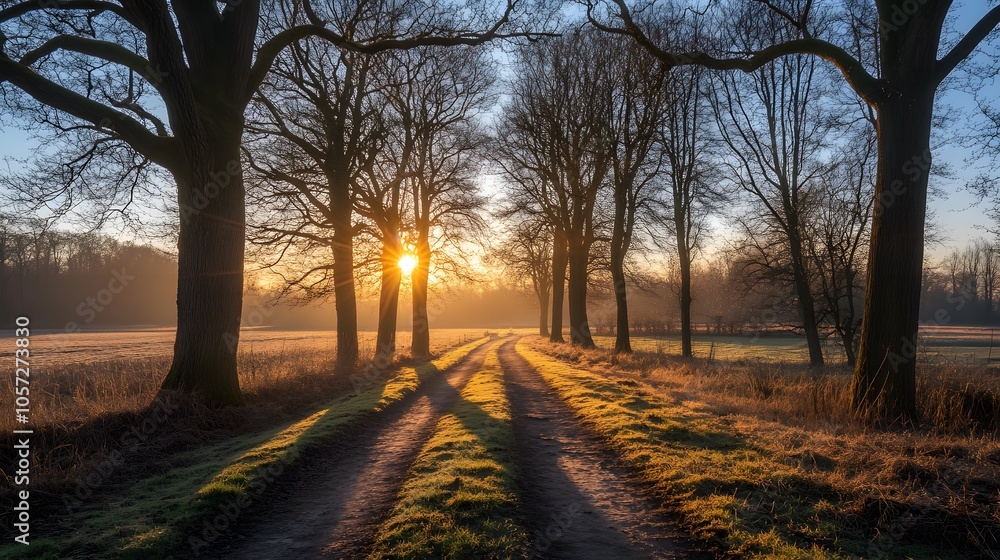 Fototapeta premium Sunrise over a tranquil path framed by tall trees in a peaceful landscape.