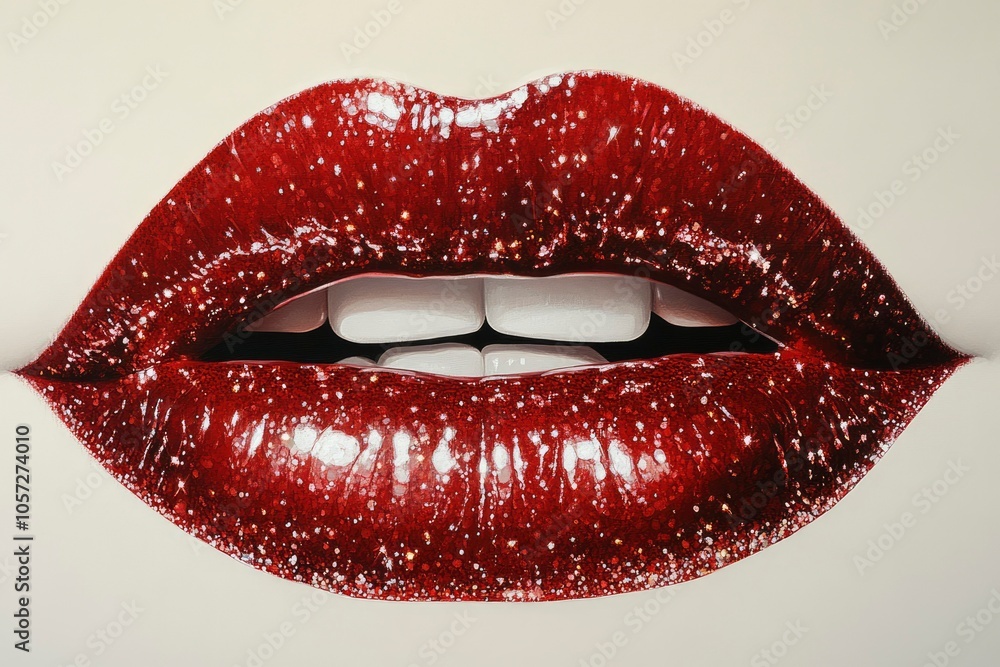 Close-up of Red Lips with Glitter and Partially Open Mouth Close-up of Red Lips with Glitter and Partially Open Mouth