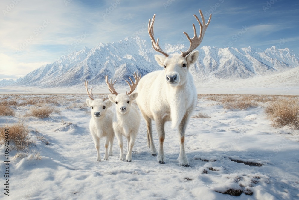 Obraz premium Discover a Holiday Card Featuring Reindeer Family in Winter Landscape with Soft Colors Enchanting Seasonal Greetings and Festive Charm for a Perfect Christmas Celebration, Order Now