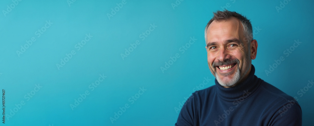 Mature Man Smiling Confidently Against Turquoise Background with Copy Space Mature Man Smiling Confidently Against Turquoise Background with Copy Space