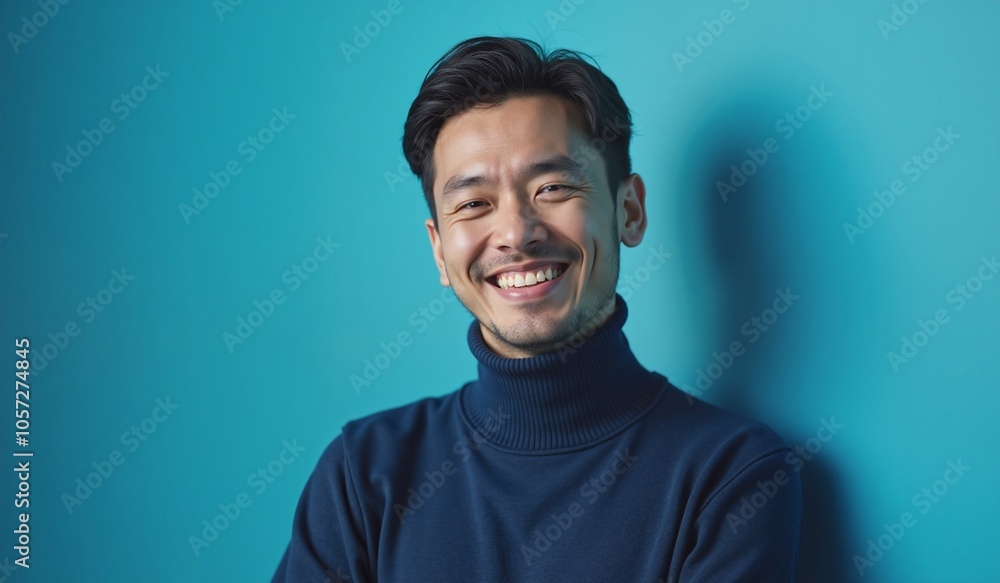 Asian man with cheerful expression smiling brightly against teal background Asian man with cheerful expression smiling brightly against teal background