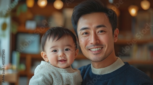 Father and smiling baby boy in warm home interior, family bond, parent-child relationship, fatherhood joy, baby’s first steps, happy moments, young father