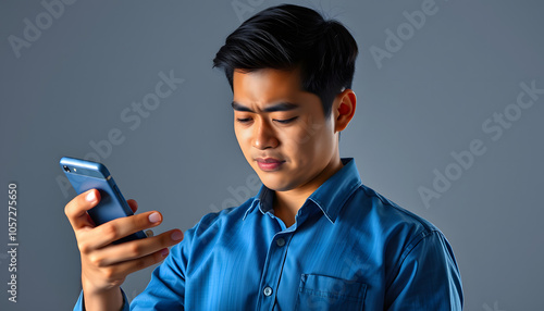 Asian man wearing blue shirt using mobile phone. standing watching messages on mobile phone Symptoms of young man sad and crying receiving bad news message isolated with white highlights, png