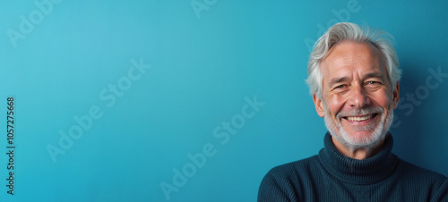 Cheerful Senior Man Smiling Warmly Against Turquoise Background with Copy Space photo