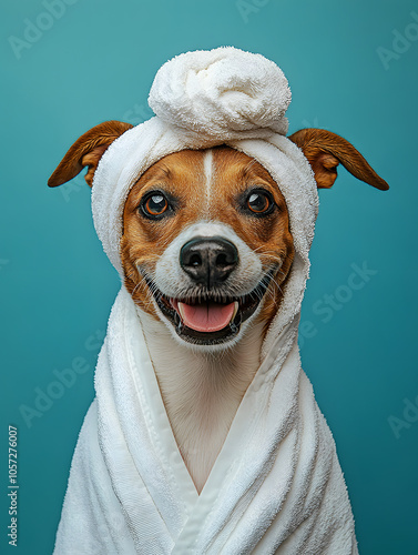 A happy dog in a cozy white bathrobe and towel at home enjoying a spa-like moment with a cheerful expression