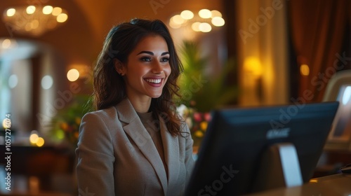 Friendly receptionist at a hotel front desk, smiling as she checks in a guest, computer