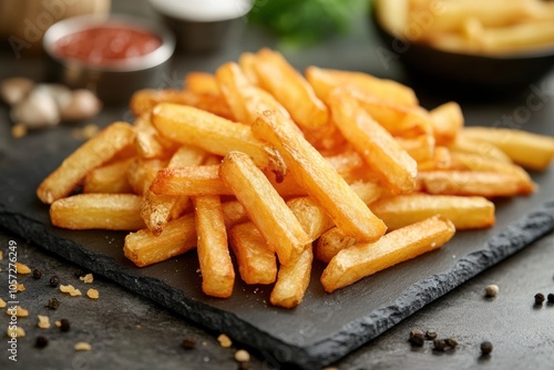 food styling, french fries arranged artistically on a slate plate in a modern kitchen with soft lighting and text space