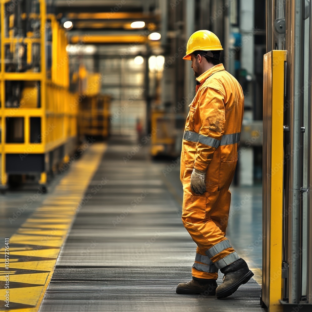 A male worker in an orange safety suit and helmet stands in a warehouse. A male worker in an orange safety suit and helmet stands in a warehouse.