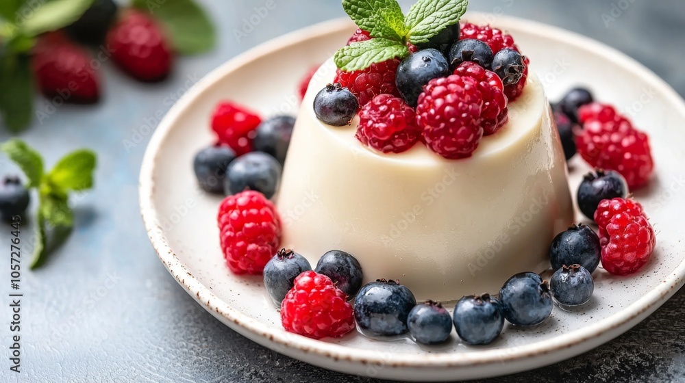 Slice of Italian panna cotta topped with fresh berries and a mint sprig on a white ceramic plate Slice of Italian panna cotta topped with fresh berries and a mint sprig on a white ceramic plate