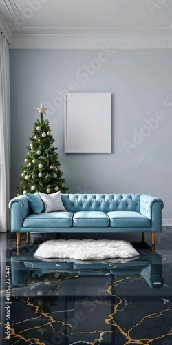 In this modern living room, you can see a sky blue tufted sofa, a Christmas tree, a white shag rug, and a blank white frame on the wall. The flooring is black and gold.