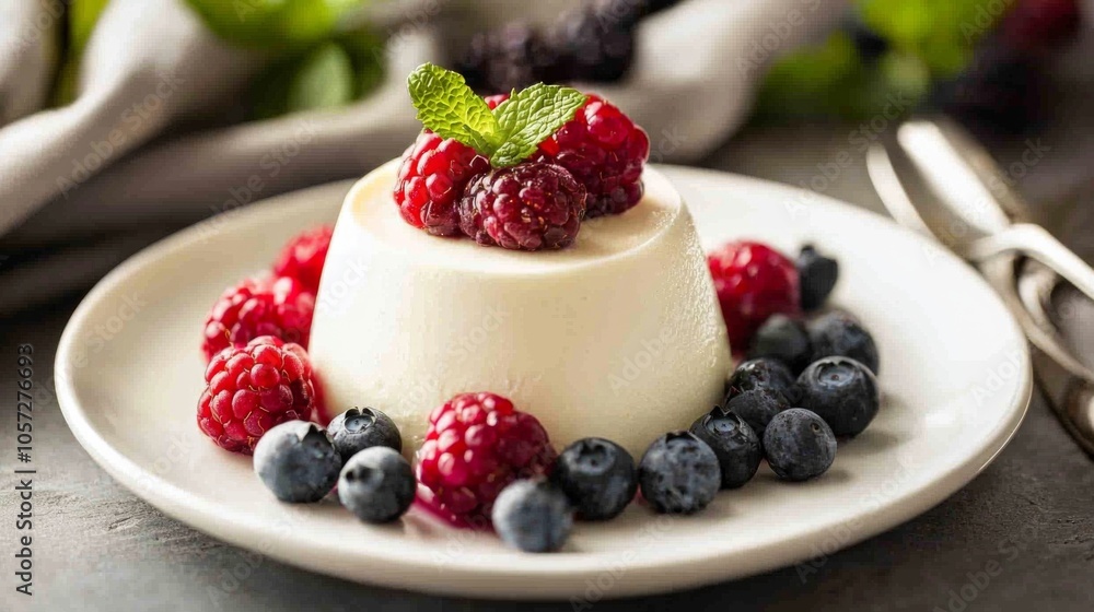 Slice of Italian panna cotta topped with fresh berries and a mint sprig on a white ceramic plate Slice of Italian panna cotta topped with fresh berries and a mint sprig on a white ceramic plate