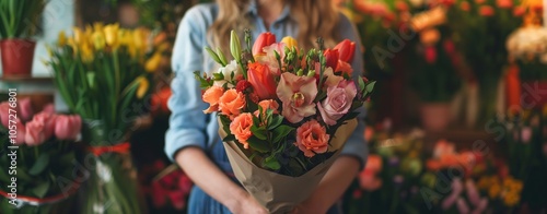 Wallpaper Mural Florist in shop holding a bouquet of roses, showcasing floral arrangement and artisan craftsmanship Torontodigital.ca