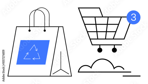 Shopping bag with recycle symbol next to shopping cart. Notification symbol for three new items in cart, indicating online shopping. Ideal for eco-friendly shopping, e-commerce, environmental