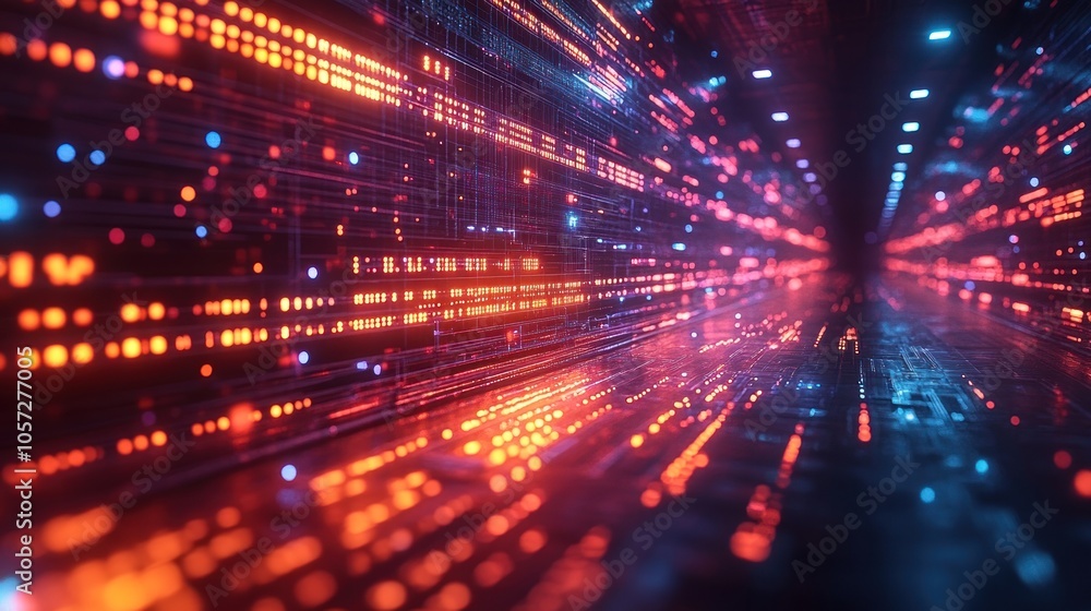 Obraz premium Abstract digital tunnel with vibrant data streams and lights.